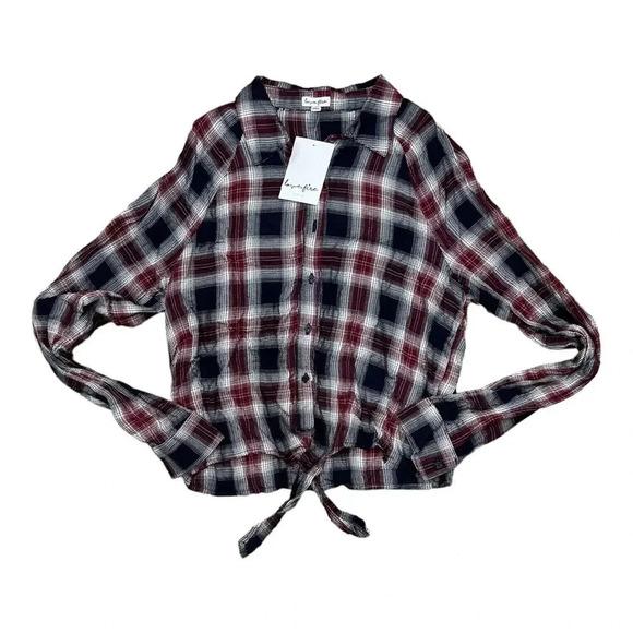 Love Fire Red Plaid Tie Front Rayon Western Button Down S - Picture 1 of 4